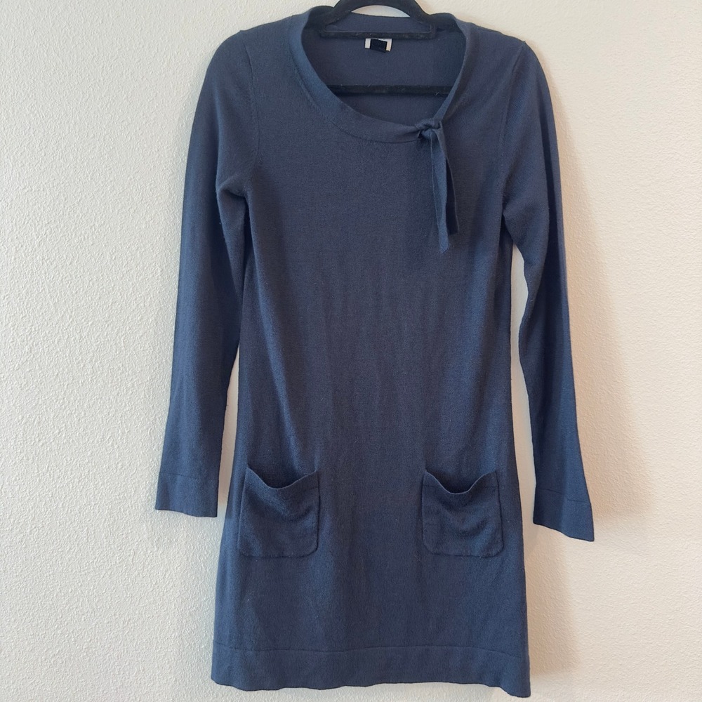 H&M Sweater Dress Women L Navy Merino Wool Blend Tie Neck Pockets Long Sleeve
